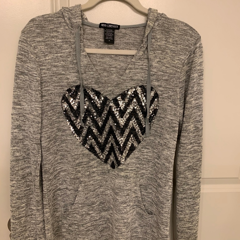 🌻Miss Chevious Gray Hoodie Sequined Heart Sz M
